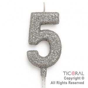 VELA NUMERAL CHICO 5.5 CM CON GIBRE PLATA NUMERO 5 x 1